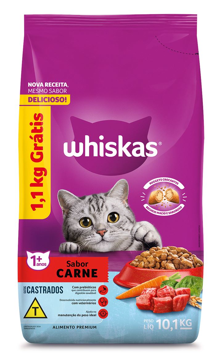 Ração Whiskas Carne Gatos Castrados Leve 10,1kg Pague 9kg