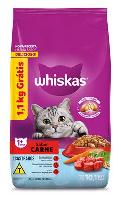 Ração Whiskas Carne Gatos Castrados Leve 10,1kg Pague 9kg