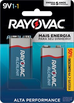 Pilha Alcalina Rayovac 9v 50% Cartela Com 2