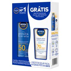 Kit Protetor Solar Facial Toque Seco Antissinais FPS70 40ml + Protetor Solar FPS50 Protect & Hidrata 200ml Nivea Sun Gratis 80% de Desconto no Protetor Facial Toque Seco