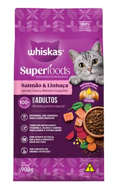 Ração Whiskas Gatos Adultos Superfoods Salmão & Linhaca, Espinafre, Cenoura, Beterraba e Canjiquinha 900g
