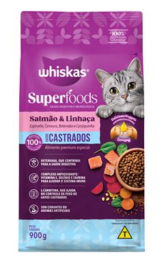 Ração Whiskas Gatos Castrados Superfoods Salmão & Linhaca, Espinafre, Cenoura, Beterraba e Canjiquinha 900g