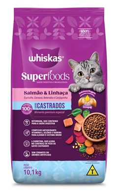 Ração Whiskas Gatos Castrados Superfoods Salmão & Linhaca, Espinafre, Cenoura, Beterraba e Canjiquinha 10,1kg